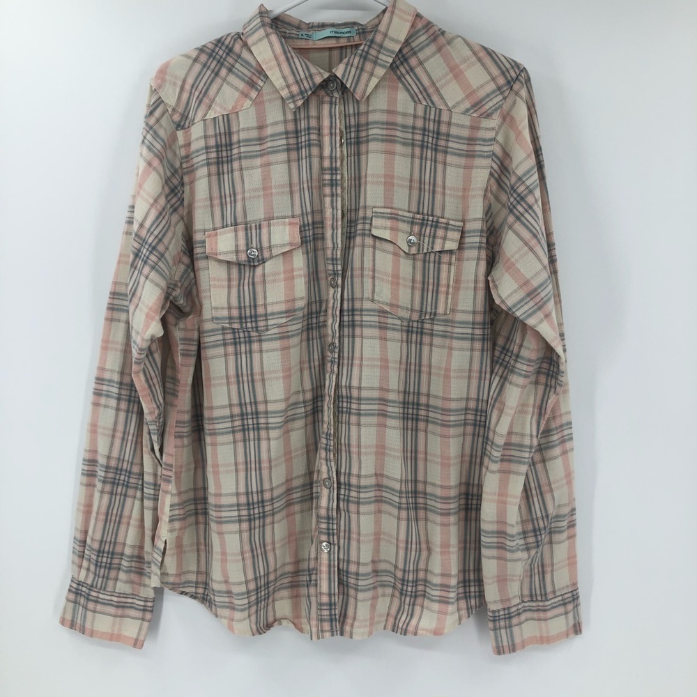 Maurices Shirt Womens XL Plaid Long Sleeve Button Down Top Pink Gray